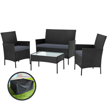 Gardeon 4 Seater Outdoor Sofa Set with Storage Cover Wicker Table Chair Black - RnR Galore