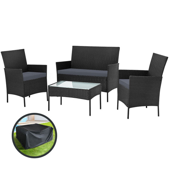 Gardeon 4 Seater Outdoor Sofa Set with Storage Cover Wicker Table Chair Black - RnR Galore