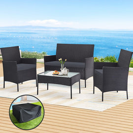 Gardeon 4 Seater Outdoor Sofa Set with Storage Cover Wicker Table Chair DarkGrey - RnR Galore