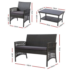 Gardeon 4PCS Outdoor Sofa Set Wicker Harp Chair Table Garden Furniture Grey - RnR Galore