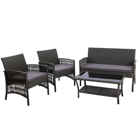 Gardeon 4PCS Outdoor Sofa Set Wicker Harp Chair Table Garden Furniture Grey - RnR Galore