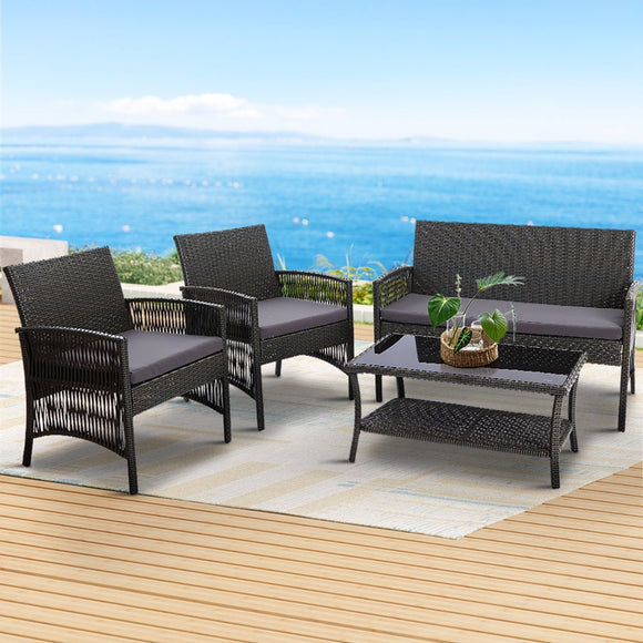 Gardeon 4PCS Outdoor Sofa Set Wicker Harp Chair Table Garden Furniture Grey - RnR Galore