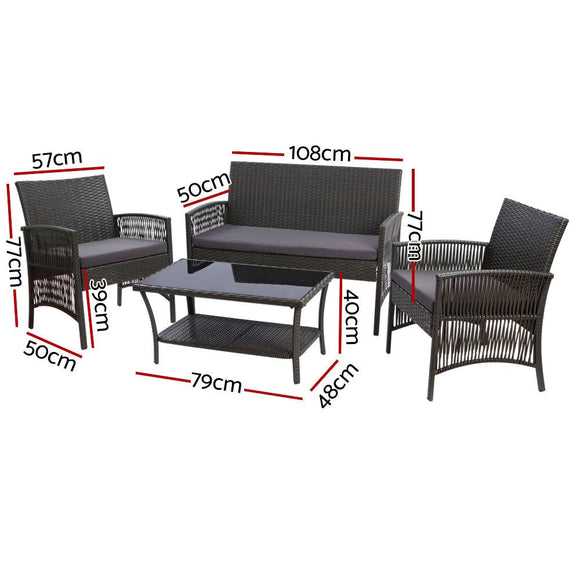 Gardeon 4PCS Outdoor Sofa Set with Storage Cover Wicker Harp Chair Table Grey - RnR Galore
