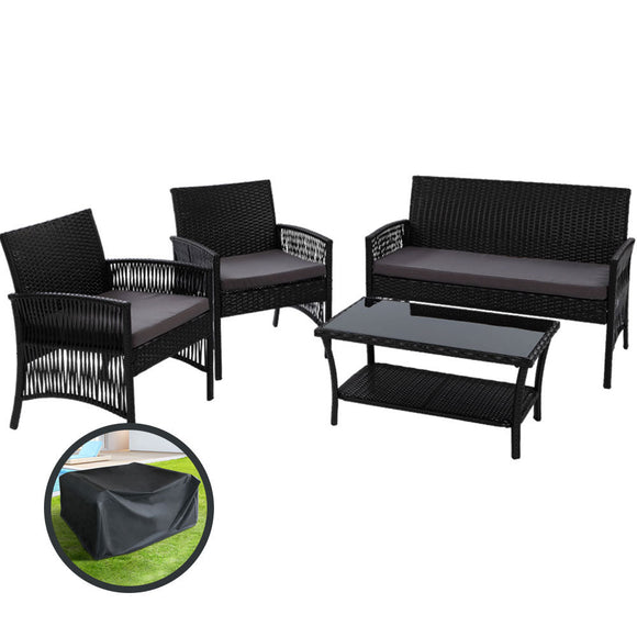 Gardeon 4PCS OutdoorSofa Set with Storage Cover Wicker Harp Chair Table Black - RnR Galore