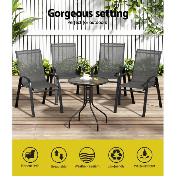 Gardeon 5PC Bistro Set Outdoor Table and Chairs Stackable Outdoor Furniture Black - RnR Galore