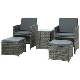 Gardeon 5PC Bistro Set Wicker Table and Chairs Ottoman Outdoor Furniture Grey - RnR Galore