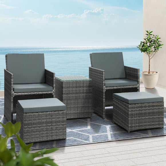 Gardeon 5PC Bistro Set Wicker Table and Chairs Ottoman Outdoor Furniture Grey - RnR Galore