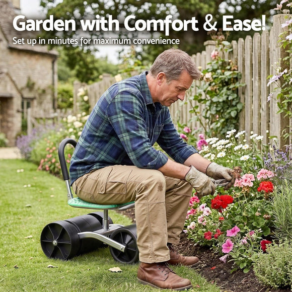 Gardeon Gardening Cart with 360° Swivel Seat | Rolling Work Seat with Adjustable Height & All - Terrain Wheels | 130KG Capacity Heavy Duty Garden Scooter for Back Pain Relief & Vehicle Detailing | Foldable Backrest & Ventilated Seat, Green - RnR Galore