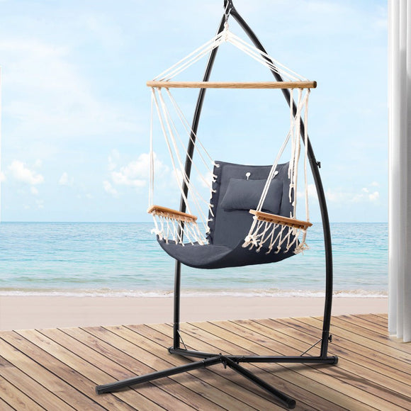 Gardeon Hammock Chair with Steel Stand Armrest Outdoor Hanging Grey - RnR Galore