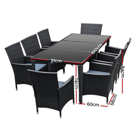 Gardeon Outdoor Dining Set 9 Piece Wicker Lounge Setting Black - RnR Galore