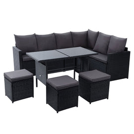 Gardeon Outdoor Dining Set Sofa Lounge Setting Chairs Table Ottoman Black Cover - RnR Galore