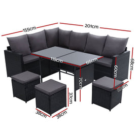 Gardeon Outdoor Dining Set Sofa Lounge Setting Chairs Table Ottoman Black Cover - RnR Galore
