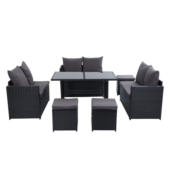 Gardeon Outdoor Dining Set Sofa Lounge Setting Chairs Table Ottoman Black Cover - RnR Galore