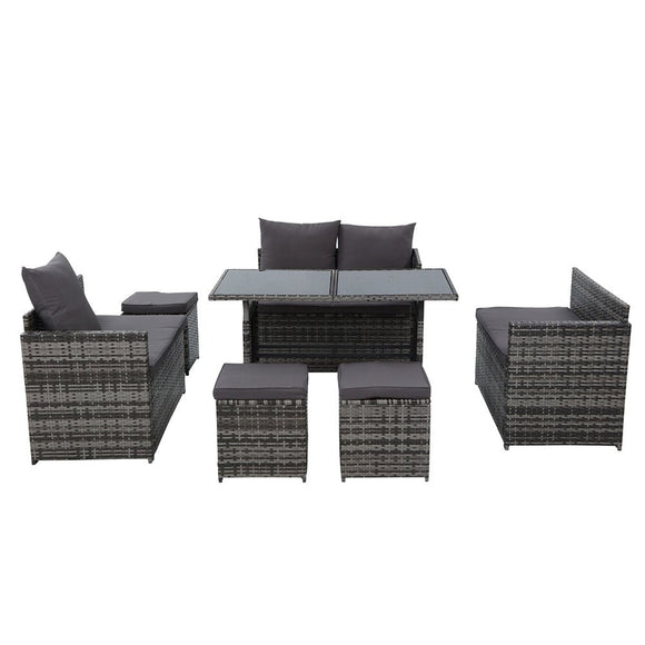 Gardeon Outdoor Dining Set Sofa Lounge Setting Chairs Table Ottoman Grey Cover - RnR Galore