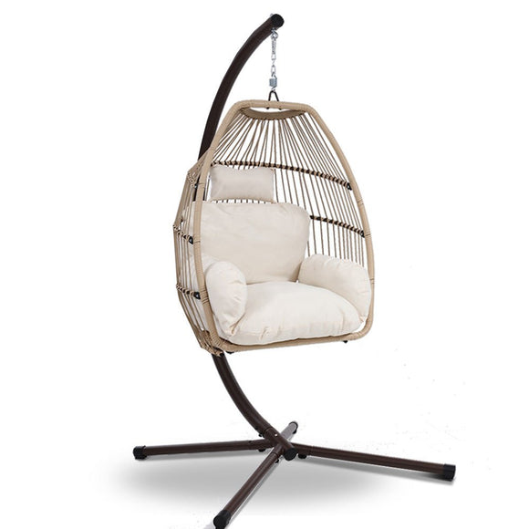Gardeon Outdoor Egg Swing Chair Hanging Chair Wicker Rope Pod Stand Cushion Latte - RnR Galore