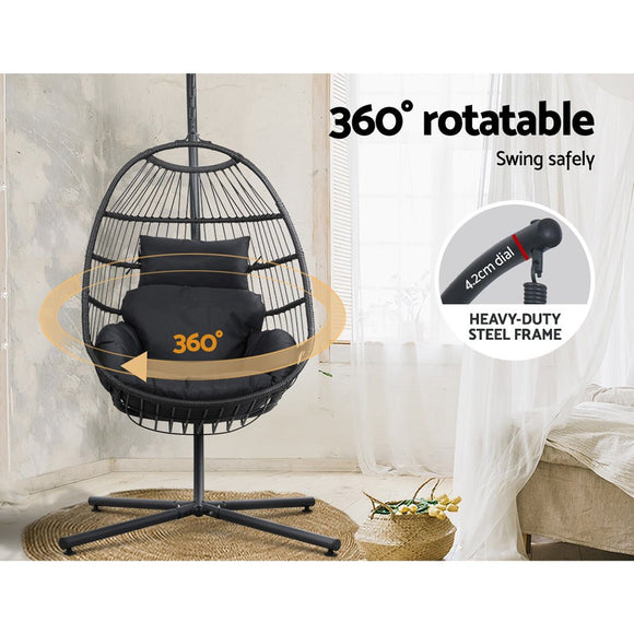 Gardeon Outdoor Egg Swing Chair Hanging Chair Wicker Rope Pod Stand Foldable Grey - RnR Galore