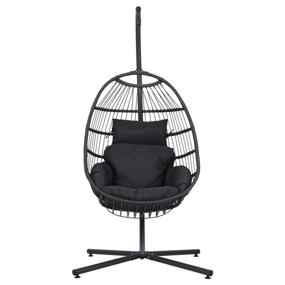 Gardeon Outdoor Egg Swing Chair Hanging Chair Wicker Rope Pod Stand Foldable Grey - RnR Galore