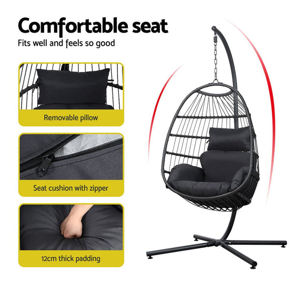Gardeon Outdoor Egg Swing Chair Hanging Chair Wicker Rope Pod Stand Foldable Grey - RnR Galore
