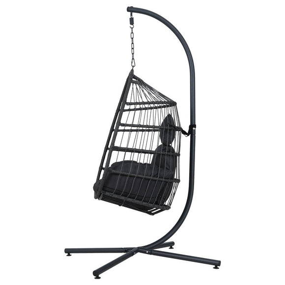 Gardeon Outdoor Egg Swing Chair Hanging Chair Wicker Rope Pod Stand Foldable Grey - RnR Galore