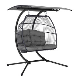 Gardeon Outdoor Egg Swing Chair Wicker Furniture Pod Stand Canopy 2 Seater Grey - RnR Galore