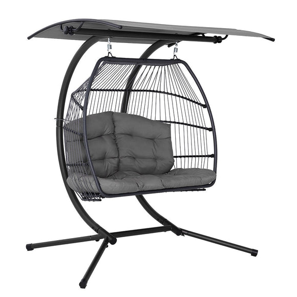 Gardeon Outdoor Egg Swing Chair Wicker Furniture Pod Stand Canopy 2 Seater Grey - RnR Galore