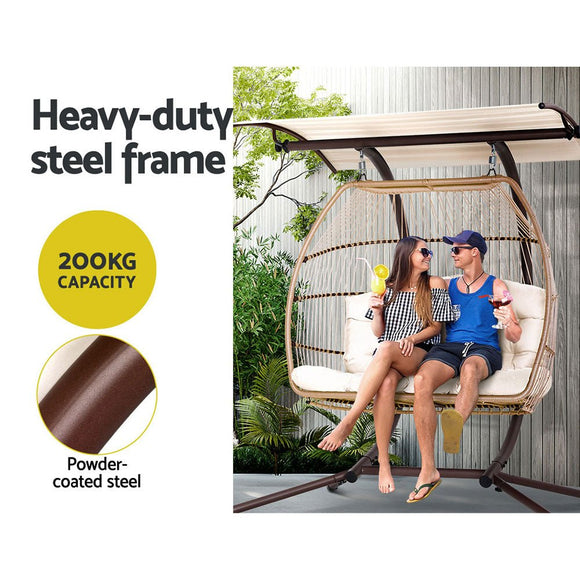 Gardeon Outdoor Egg Swing Chair Wicker Furniture Pod Stand Canopy 2 Seater Latte - RnR Galore