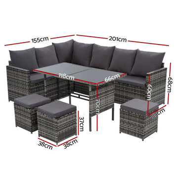 Gardeon Outdoor Furniture Dining Setting Sofa Set Lounge Wicker 9 Seater Mixed Grey - RnR Galore