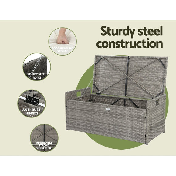 Gardeon Outdoor Storage Bench Box Wicker Garden Sheds Tools Cushion Patio Furniture Grey - RnR Galore