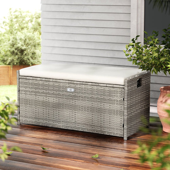 Gardeon Outdoor Storage Bench Box Wicker Garden Sheds Tools Cushion Patio Furniture Grey - RnR Galore