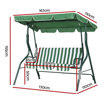 Gardeon Outdoor Swing Chair Garden Bench Furniture Canopy 3 Seater White Green - RnR Galore