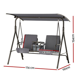 Gardeon Outdoor Swing Chair Garden Chair Canopy Cup Holder 2 Seater Grey - RnR Galore