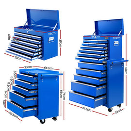 Giantz 15 Drawers Tool Chest Trolley Toolbox 2 - in - 1 Storage Blue - RnR Galore
