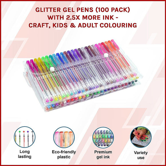 Glitter Gel Pens (100 pack) with 2.5X More Ink - Craft, Kids & Adult Colouring - RnR Galore