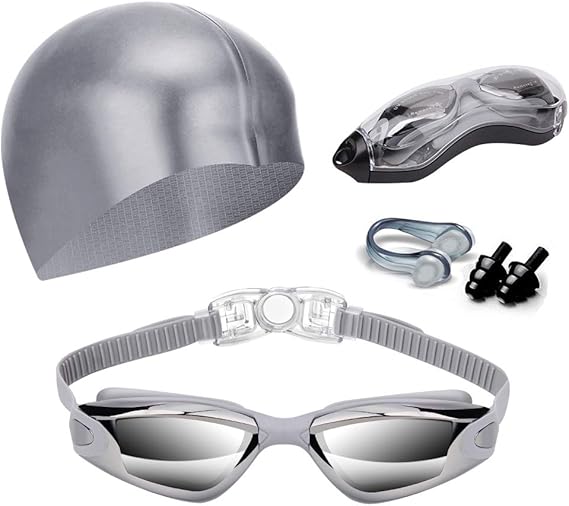 Gray Swim Goggles Set with Cap, Nose Clip, Earplugs & Case: Anti - Fog UV Protection for Men & Women - RnR Galore