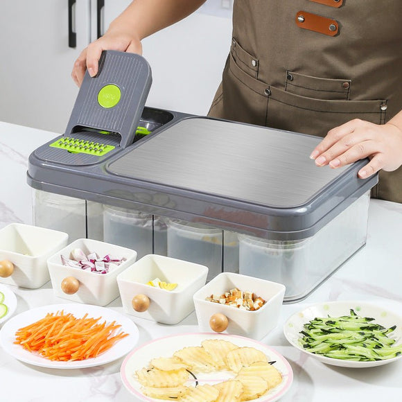 Green And Grey Ultimate 12 - in - 1 Multi - Functional Vegetable Slicer Dicer Chopper - Mandoline with Storage Containers & Drain Basket - RnR Galore