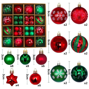 Green and red 44 - Piece Assorted Christmas Baubles Set with Elegant Designs in Wooden Gift Box - 3 - 6cm Decorative Ornaments for Tree, Home & Holiday Display - RnR Galore