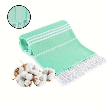Green Chic Striped 100% Cotton Beach Towel with Tassels - Extra Large & Absorbent (180x90cm) - RnR Galore