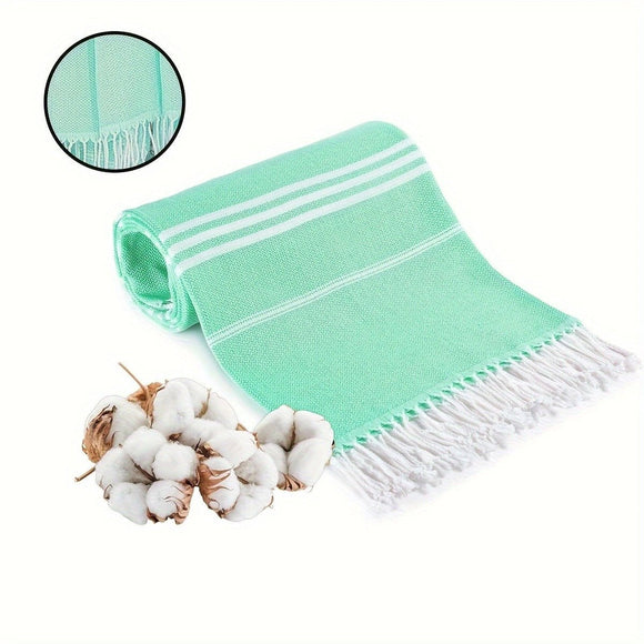 Green Chic Striped 100% Cotton Beach Towel with Tassels - Extra Large & Absorbent (180x90cm) - RnR Galore