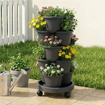 Green Fingers 5 Tier Vertical Garden Planter, Stackable Planters with 4 Wheels, Black, Raised Garden Bed, Garden Tower Indoor Outdoor, Auto Drainage System, for Strawberries, Herbs, Flower, Vegetables - RnR Galore