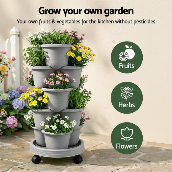 Green Fingers 5 Tier Vertical Garden Planter, Stackable Planters with 4 Wheels, Grey, Raised Garden Bed, Garden Tower Indoor Outdoor, Auto Drainage System, for Strawberries, Herbs, Flower, Vegetables - RnR Galore