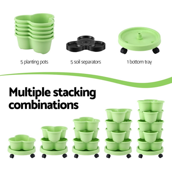 Green Fingers 5 Tier Vertical Garden Planter, Stackable Planters with Wheels, Light Green, Garden Bed, Garden Tower Indoor Outdoor, Auto Drainage System, for Strawberries, Herbs, Flowers, Vegetables - RnR Galore