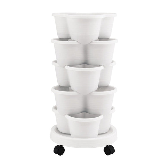 Green Fingers 5 Tier Vertical Garden Planter, Stackable Planters with Wheels, White, Garden Bed, Garden Tower Indoor Outdoor, Auto Drainage System, for Strawberries, Herbs, Flowers, Vegetables - RnR Galore