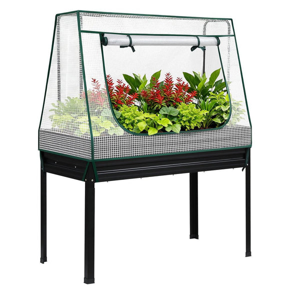 Green Fingers Elevated Metal Garden Bed Kit w Mini Greenhouse Cover 116x60cm Stand - Up Height Trellis - RnR Galore