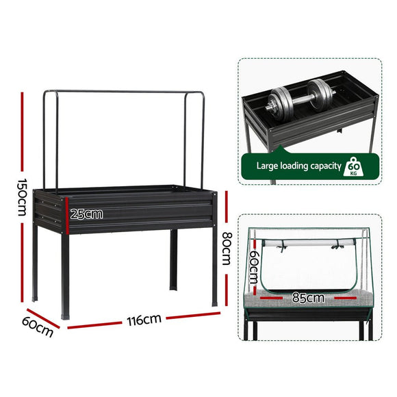 Green Fingers Elevated Metal Garden Bed Kit w Mini Greenhouse Cover 116x60cm Stand - Up Height Trellis - RnR Galore