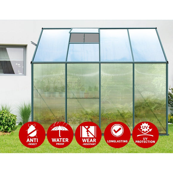 Green Fingers Greenhouse 2.52x1.27x2.13M Lean - to Aluminium Polycarbonate Green House Garden Shed - RnR Galore