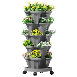 Green Fingers Raised Garden Bed 5 Tier Vertical Garden Grey Strawberry Stackable Planters Herbs Petunias - RnR Galore