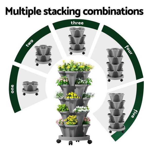 Green Fingers Raised Garden Bed 5 Tier Vertical Garden Grey Strawberry Stackable Planters Herbs Petunias - RnR Galore