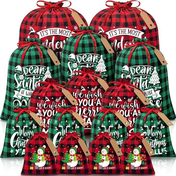 Green grid Christmas Gift Drawstring Bags Set - Festive Burlap Style Pouches for Candy & Apples - Holiday Decoration - 10 Pcs - RnR Galore