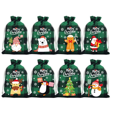 Green grid Christmas Gift Drawstring Bags Set - Festive Burlap Style Pouches for Candy & Apples - Holiday Decoration - 10 Pcs - RnR Galore