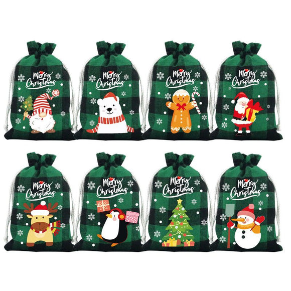 Green grid Christmas Gift Drawstring Bags Set - Festive Burlap Style Pouches for Candy & Apples - Holiday Decoration - 10 Pcs - RnR Galore